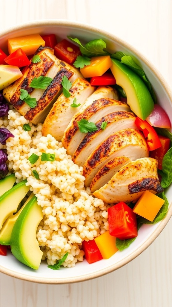 A nutrient-packed chicken bowl with grilled chicken, quinoa, bell peppers, and avocado on a wooden table.